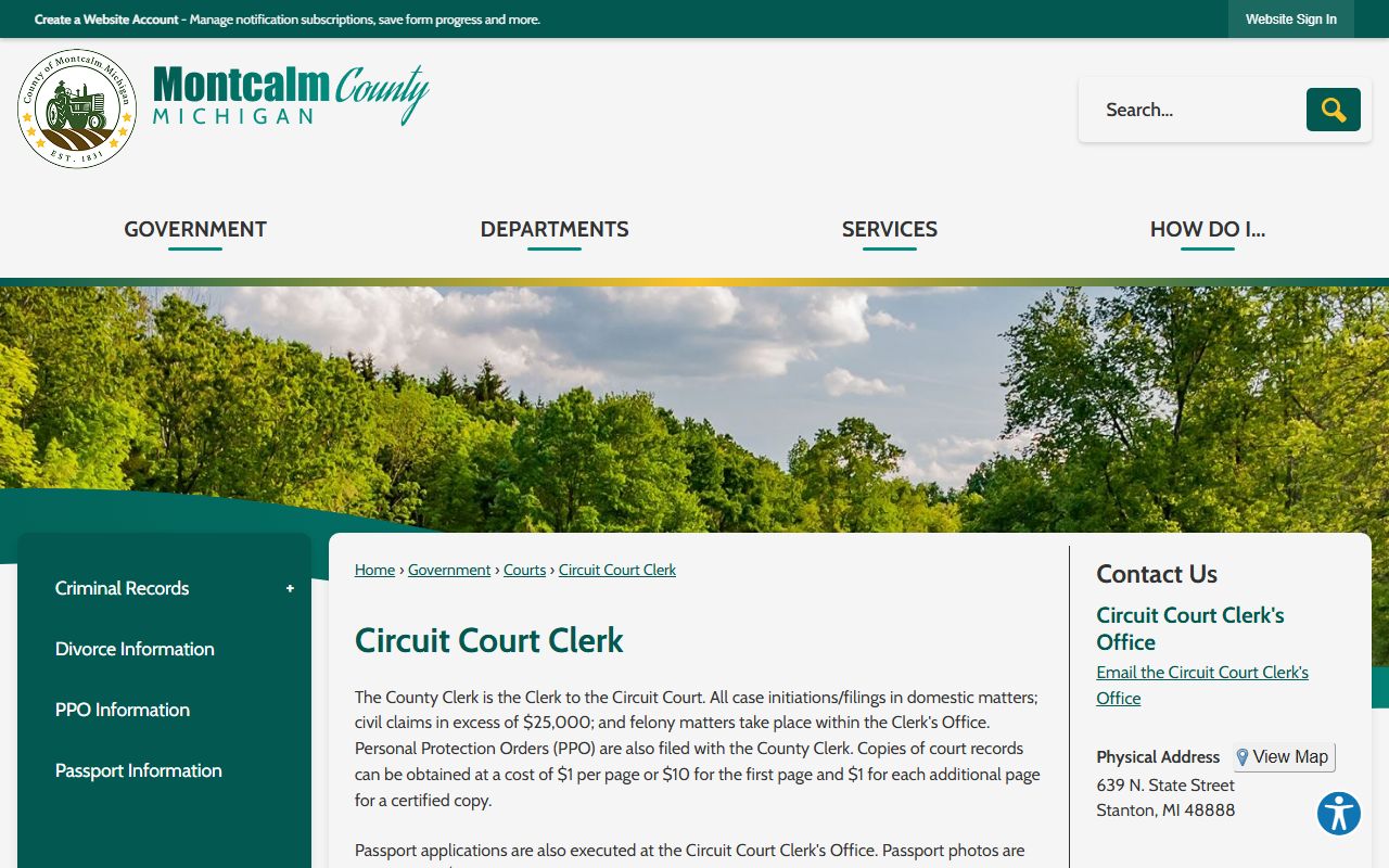 Montcalm County Clerk of Court Circuit Court records copy and calendar page
