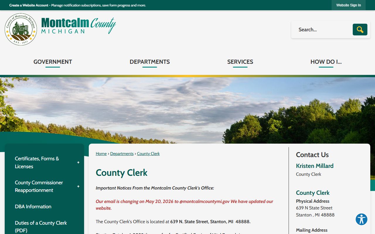 Montcalm County Clerk of Court records office page listing staff, fees, and emails