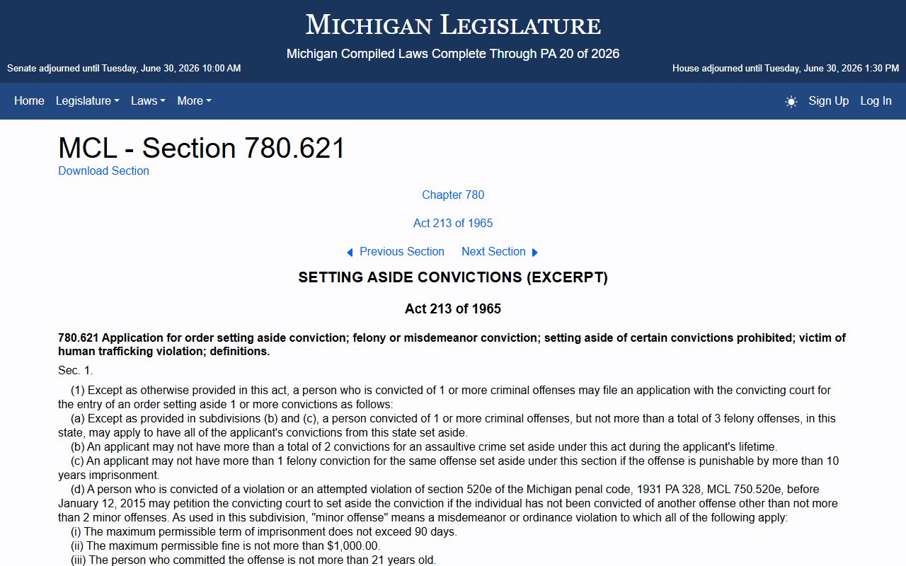 Montcalm County arrest records and Michigan set-aside conviction statute MCL 780.621