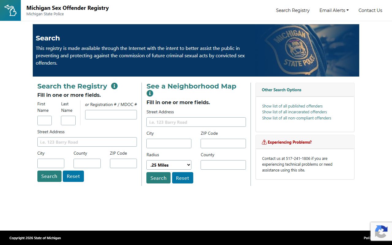 Montcalm County arrest records and the Michigan Sex Offender Registry search form