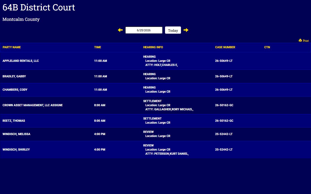 Montcalm County 64B District Court daily docket display columns