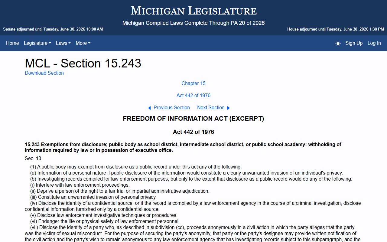Montcalm County court records Michigan FOIA exemptions statute
