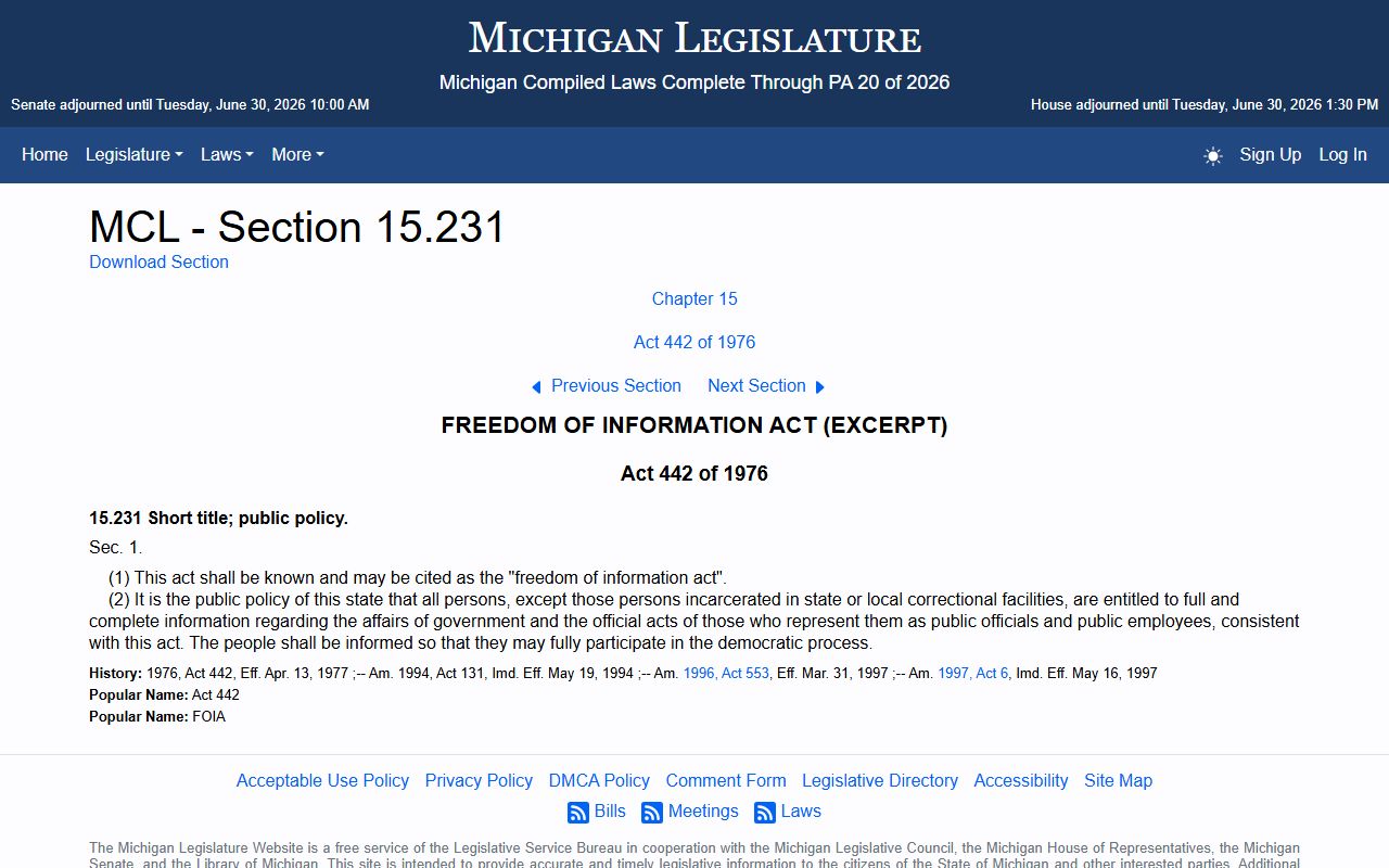 Montcalm County court records Michigan FOIA policy statute