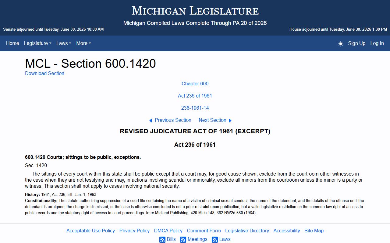 Montcalm County court records open court proceedings Michigan statute