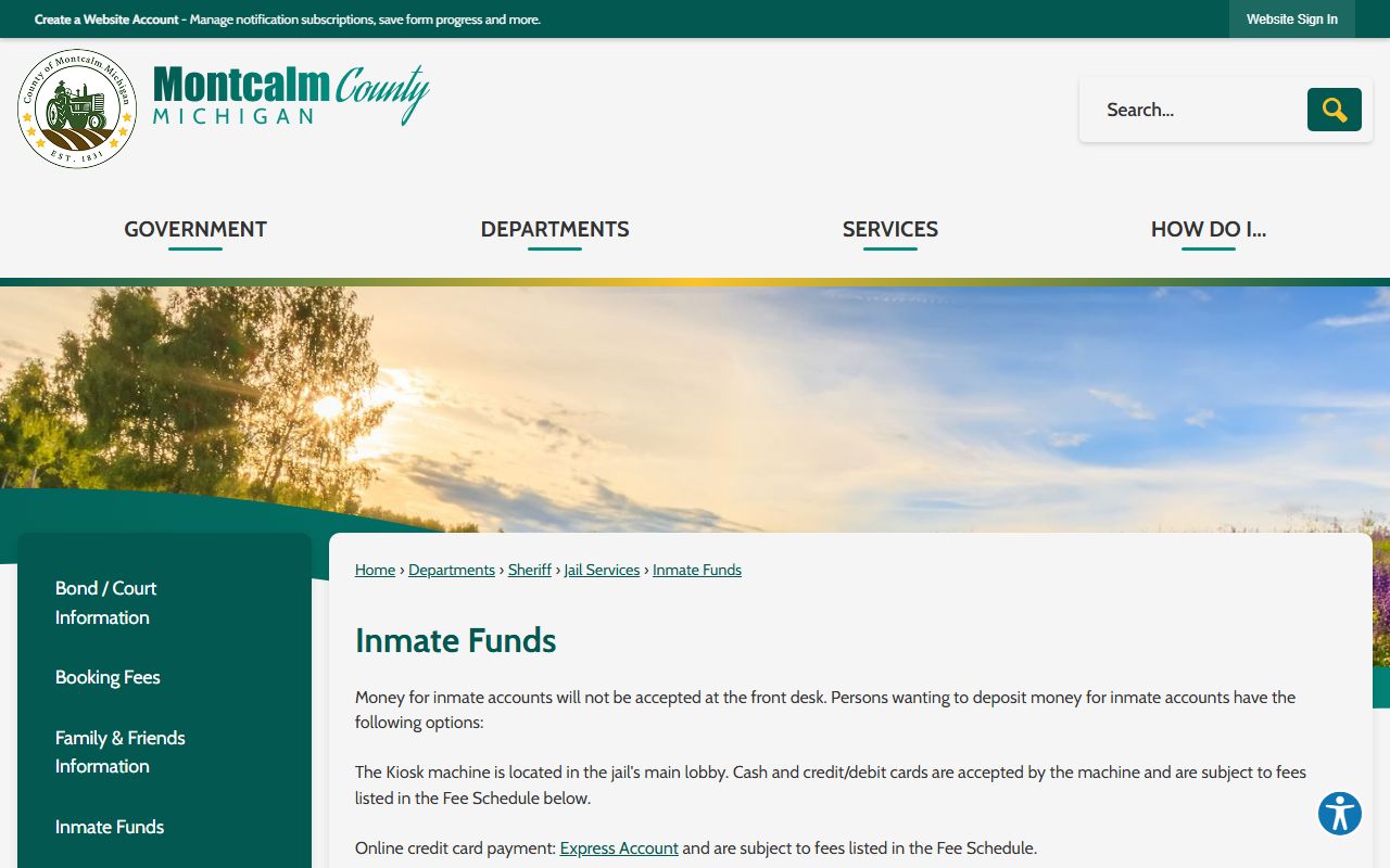 Montcalm County Circuit Court jail inmate funds and commissary information page