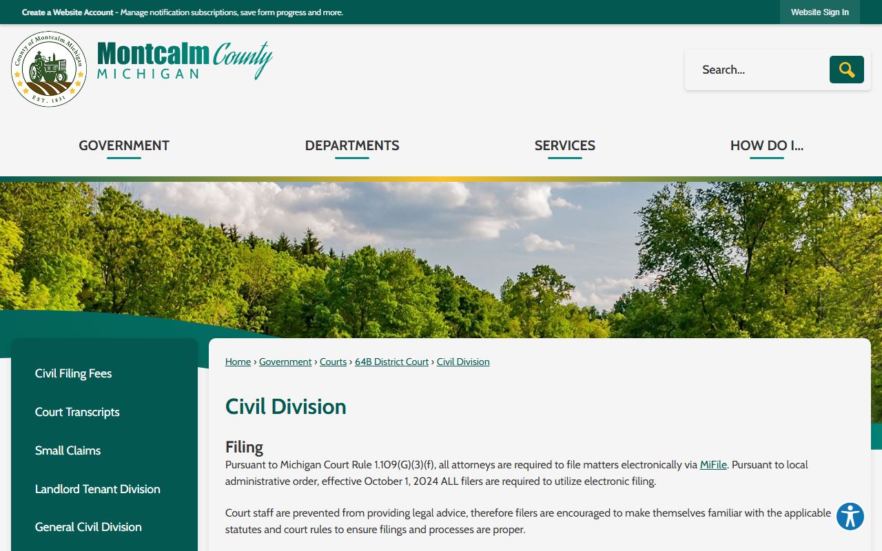 Montcalm County District Court civil division page with case categories and filing rules