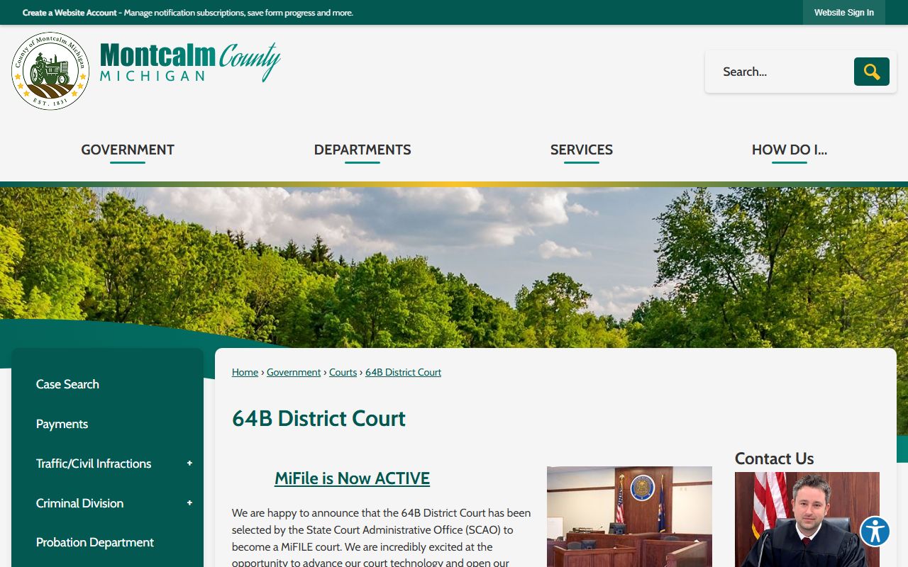 Montcalm County 64B District Court page showing jurisdiction and division contacts