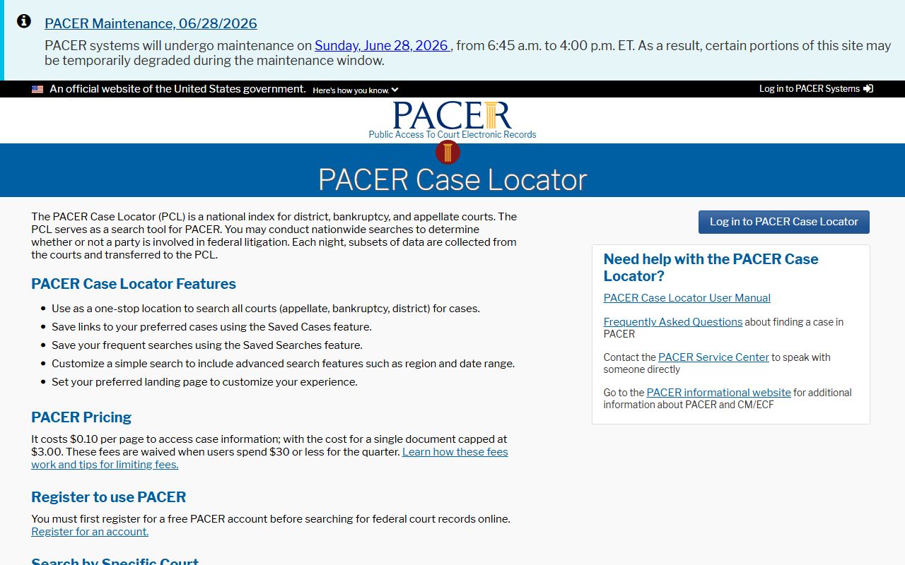 PACER Case Locator used to find Montcalm County federal court records