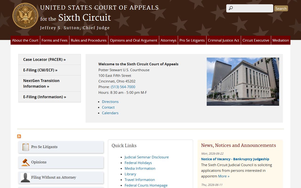 Sixth Circuit Court of Appeals page tied to Montcalm County federal court records