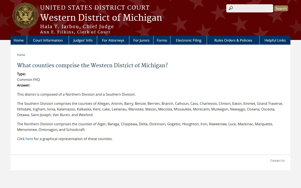 Western District of Michigan county list showing Montcalm County court coverage