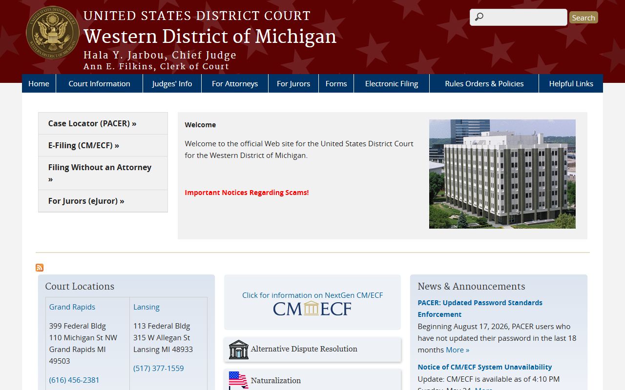Western District of Michigan federal court page for Montcalm County court records