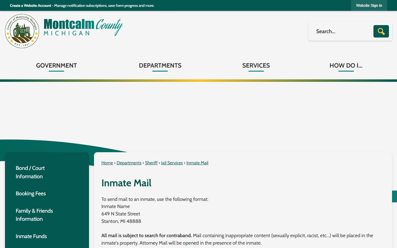Montcalm County inmate mail rules page listing accepted and banned items