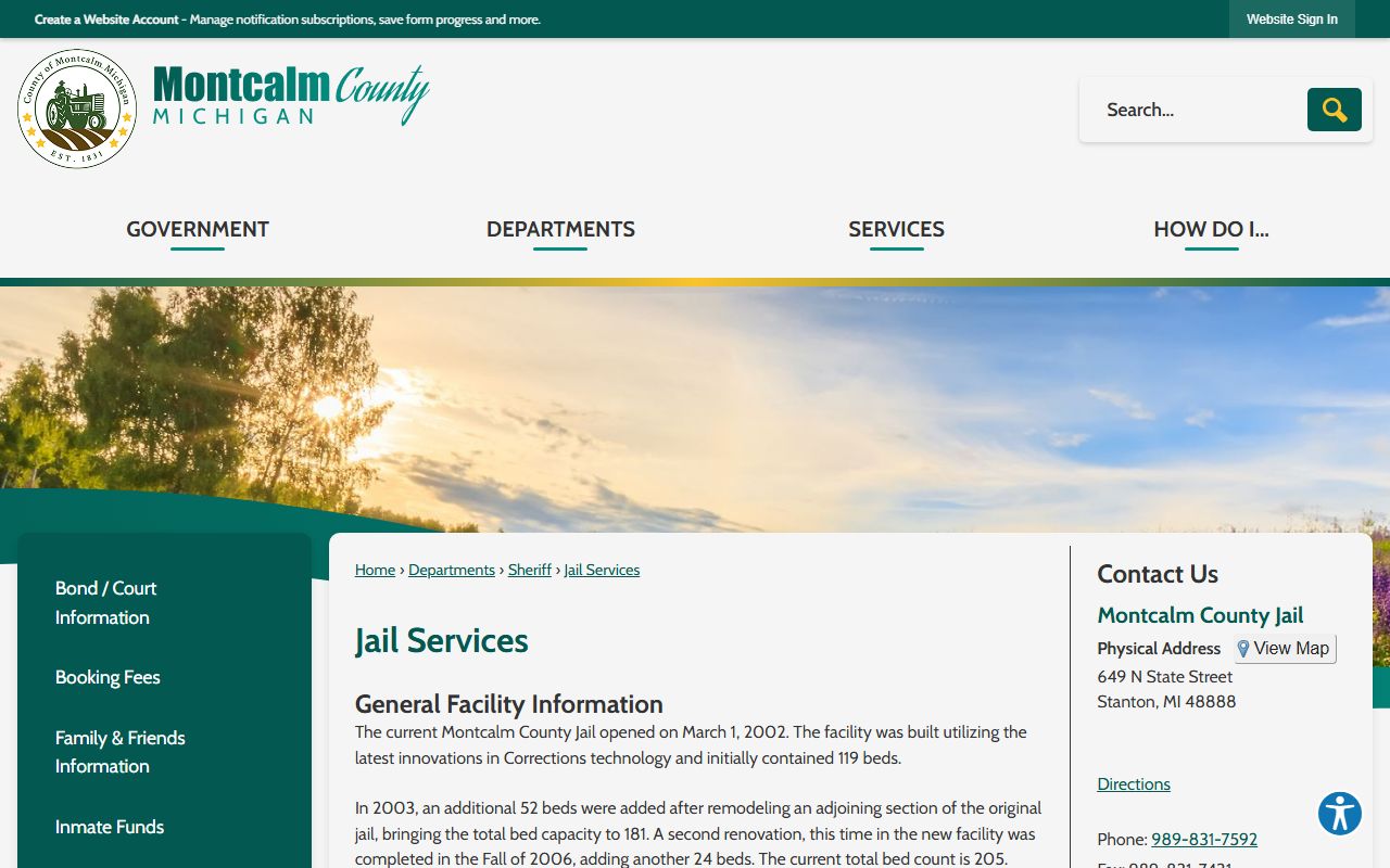 Montcalm County inmate information on the county Jail Services page