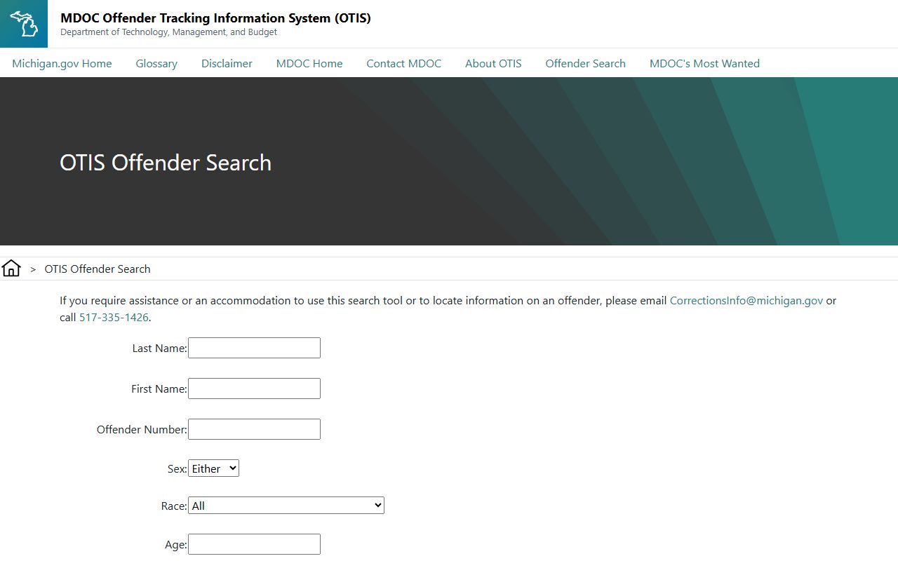 Montcalm County inmate lookup on the Michigan OTIS state offender search form