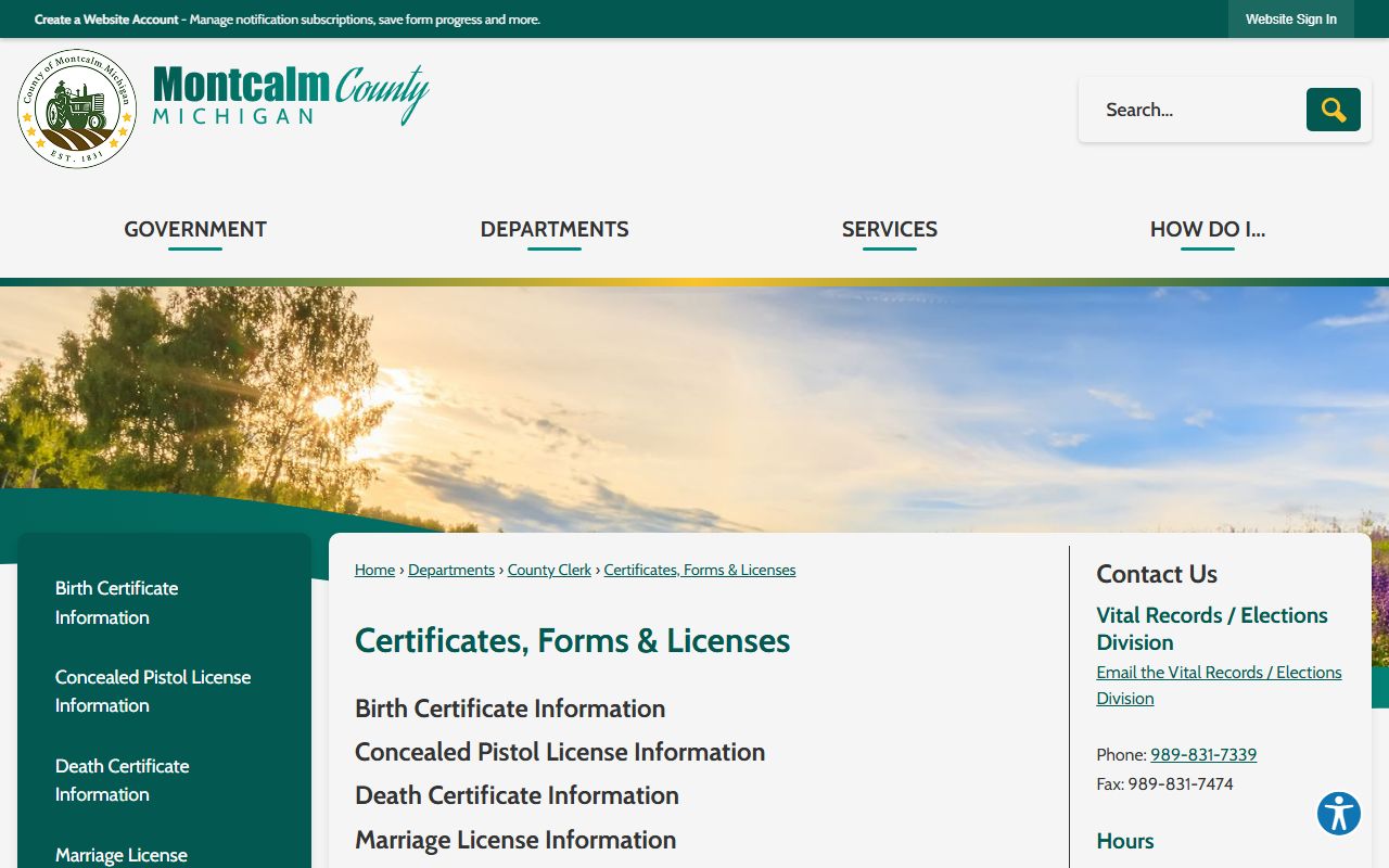 Montcalm County marriage certificates, forms, and licenses request options