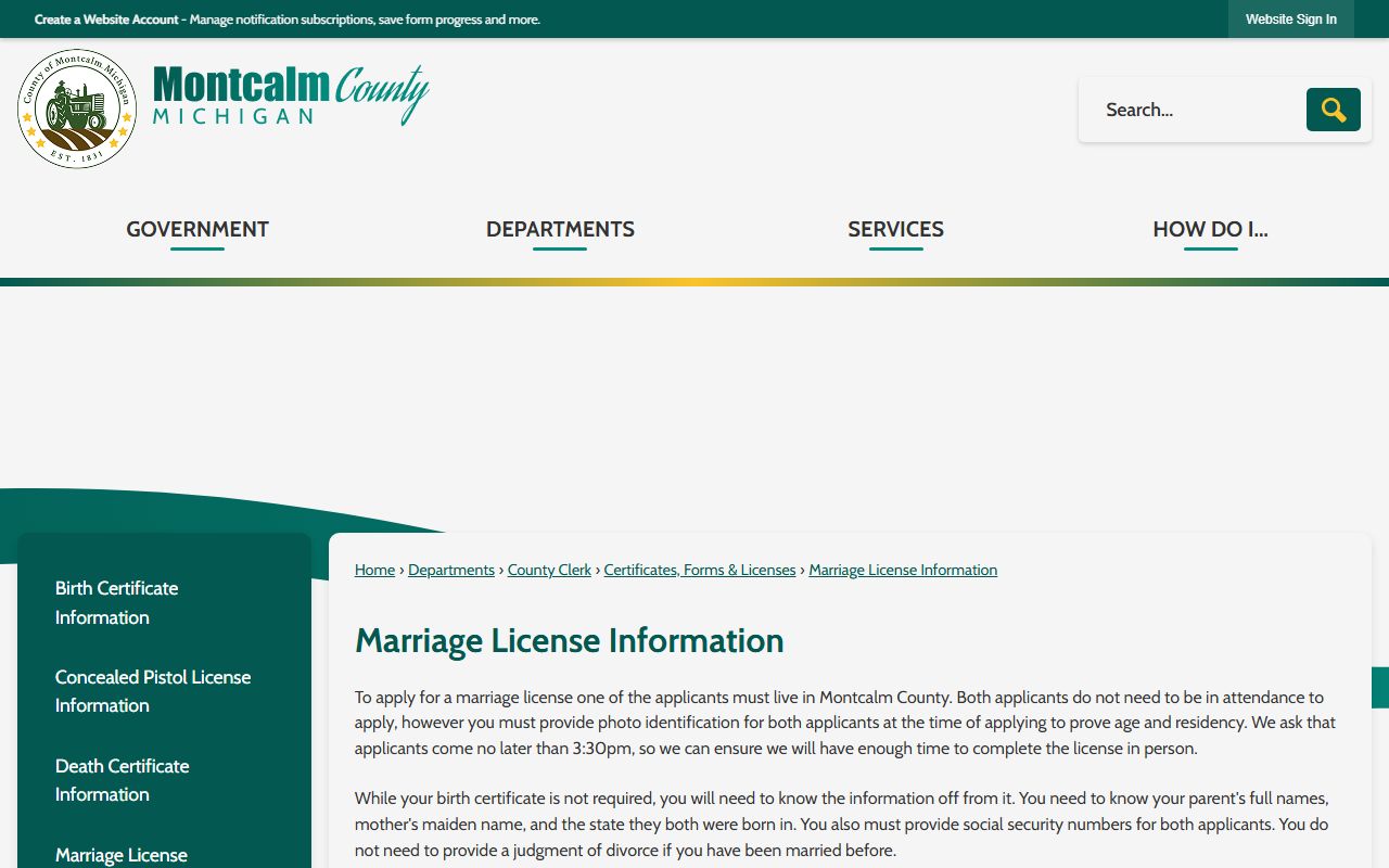 Montcalm County marriage license information and application requirements