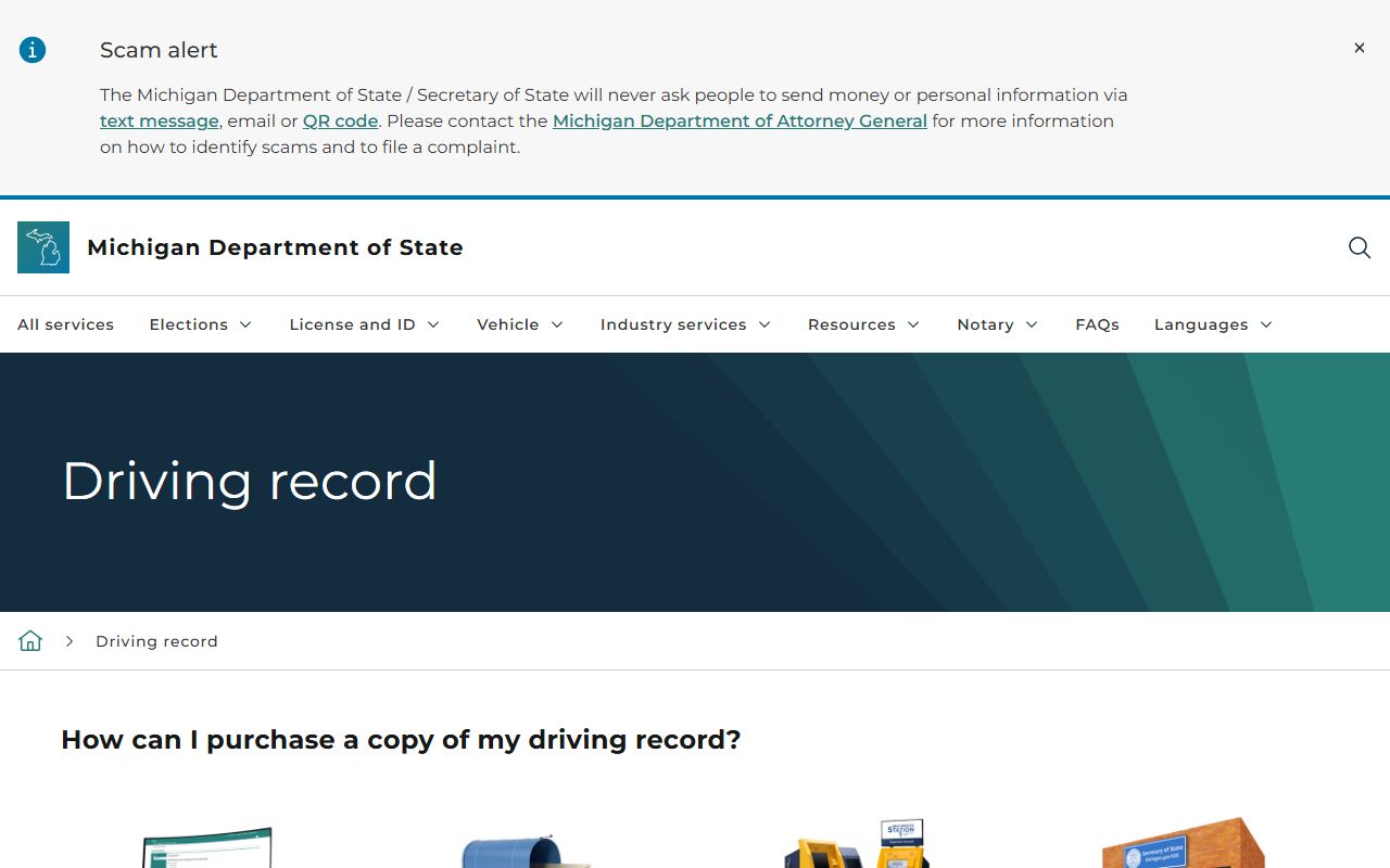 Montcalm County traffic driver record ordering options on the Michigan SOS page