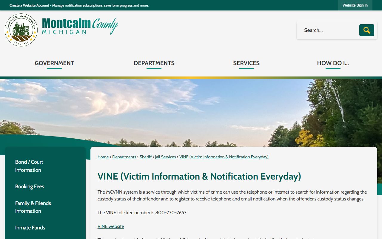 Montcalm County warrants VINE custody notification page